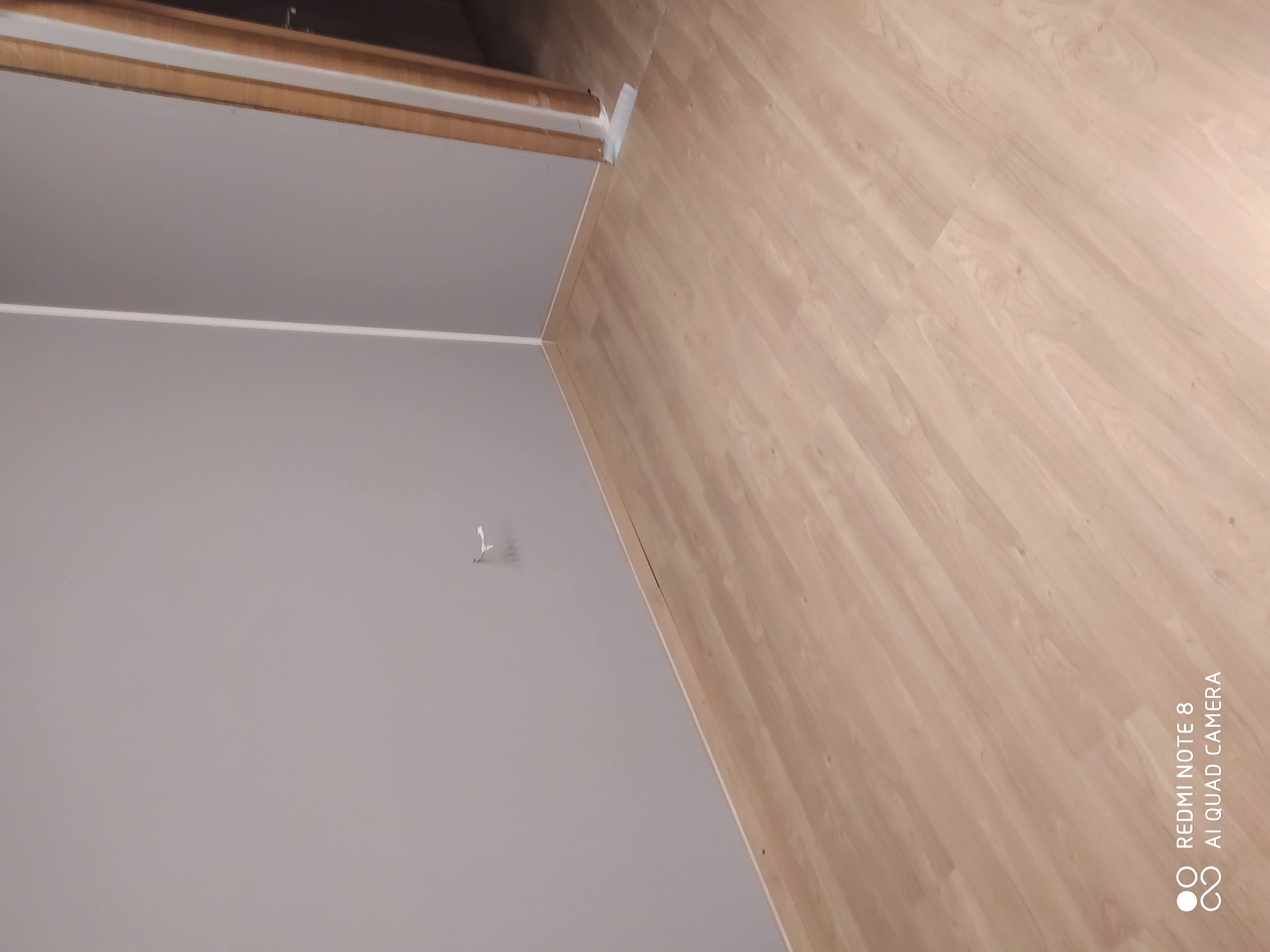 Κενό δωμάτιο με ανοιχτόχρωμο ξύλινο δάπεδο, απλούς ανοιχτόχρωμους γκρι τοίχους και μια πρίζα ορατή στον τοίχο. Η πόρτα με το εκτεθειμένο πλαίσιο είναι μερικώς ορατή στα δεξιά.   